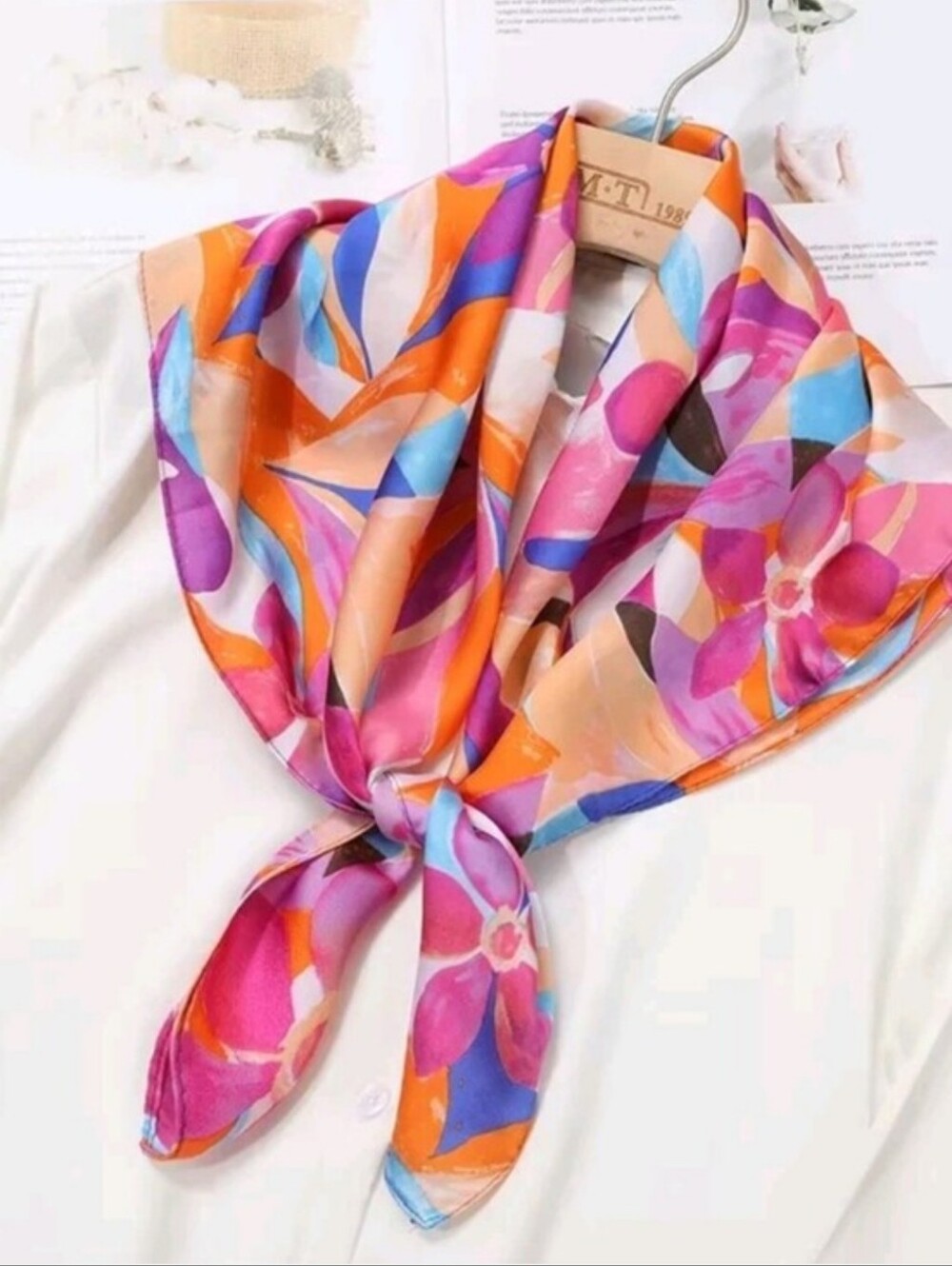 Silk-feel Vibrant Floral  Pink & Orange Head Scarf, Neck Scarf